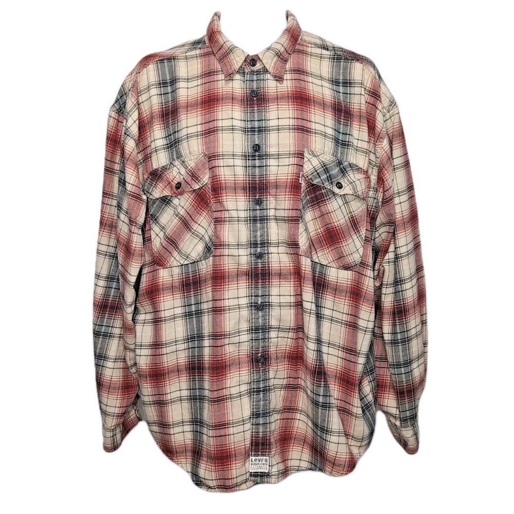 Levi's Authentic Jeanswear Plaid Flannel Shirt Mens XXL 2XL Red Tan Black Cotton